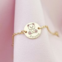 Bratara Chic Bijoux personalizata cu ursulet cu email roz, 12 mm, argint 925 placat cu aur galben 18K, pentru fete si baieti - 1