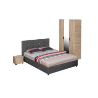 Set dormitor ECONO, 4 piese, pat 140x200 cm, dulap 3 usi, 2 noptiere, sherwood + gri - 1