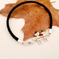 Bratara Personalizata Unisex cu Membrii Familiei - Doi Baieti - Argint 925 si Piele Impletita - 1