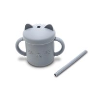 Canuta cu manere si pai din silicon natural 9 luni+ Grey 200 ml - 1