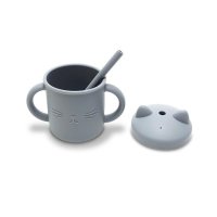 Canuta cu manere si pai din silicon natural 9 luni+ Grey 200 ml - 2