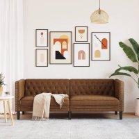 Canapea Chesterfield maro cu 3 locuri, tapiterie din piele intoarsa ecologica - 3