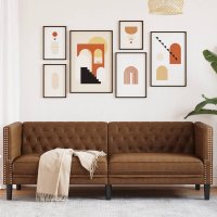Canapea Chesterfield maro cu 3 locuri, tapiterie din piele intoarsa ecologica - 2