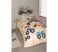 Set Lenjerie si Cuvertura Copii, cu Elastic, Cars Bej (Bumbac 100%) - 1
