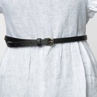 Curea subtire neagra de 1 cm, din piele ecologica cu catarama metalica aurie rotunjita - 1
