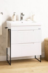 Baza front MDF cu Lavoar seria 733, cadru metalic, 60 cm, alb rustic - 1