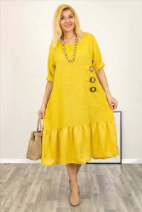 Rochie galbena din in cu volan din matase si nasturi decorativi laterali - 1