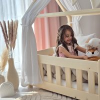 Pat copii montessori tip casuta, LittleAmy, Angel Nest, Balustrade cu bare plate, Natur, 100 x 200 cm - 5