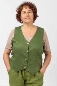 Vesta din in asimetrica cu nasturi din lemn, verde olive - 1