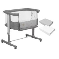 Set patut co-sleeper Lionelo Aurora 3 in 1, cu leganare si inclinare reglabila, 85x60x66 cm, gri, cu 2 cearceafuri Qmini din bumbac Oeko-Tex, alb si gri - 1
