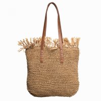 Geanta shopper bej inchis cu manere din piele ecologica si franjuri decorative - 1