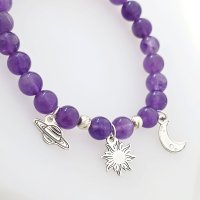 Bratara din Ametist si Talismane din Argint 925 - Luna, Soarele si Saturn - Snur elastic - 1