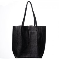 Geanta shopper din piele naturala neagra metalizata - 1