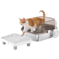 PawHut Cutie de Nisip Acoperita pentru Pisici cu Tavă din Oțel Inoxidabil și Părți Înalte - 1