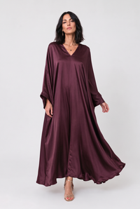 Rochie lunga caftan din satin cu matase si vascoza - bordo - 1