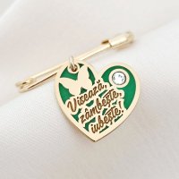 Brosa Ac de siguranta Inima cu Zambete - Personalizare - Argint 925 placat cu Aur Galben 18K - Email verde & Cristal Swarovski - 1