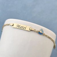 Bratara bebe - Placuta cu nume - Simbol barcuta colorata si lantisor - Argint 925 placat cu Aur Galben 18K - 1