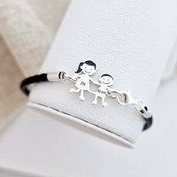 Bratara Unisex cu membrii Familiei - fetita si baiat - Argint 925, piele impletita - 1