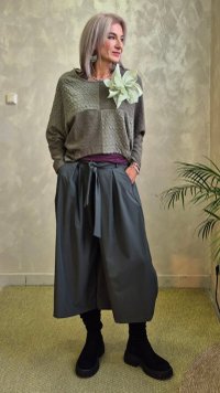 Fusta-pantalon midi kaki, cu talie inalta, cordon reglabil si buzunare - 1