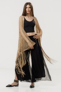 Poncho bej din plasa cu fir auriu si franjuri lungi - stil elegant - 1