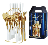 Set tacamuri 24 piese cu suport otel inoxidabil ALB AURIU - 1