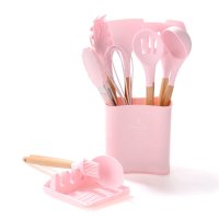 Set de 13 ustensile din silicon cu maner din bambus si suport pentru linguri - 1