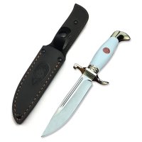 Set doua cutite de vanatoare, teaca din piele naturala, lama 440C, maner acrilic full tang, 26 cm, alb - negru - 11