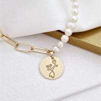 Colier personalizat - Perlele mele - Pandantiv banut de 18 mm - Combinație lant cu zale dreptunghiulare si perle - Argint 925 placat cu Aur Galben 18K - 1