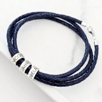 Bratara trio cu piele impletita albastra & 3 elemente cilindrice din Argint 925 - Inchizatoare carabina - 1