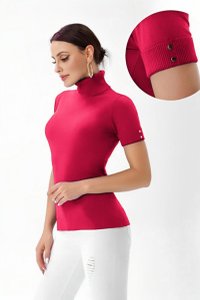 Pulover fucsia cu maneci scurte si guler inalt, detalii cu nasturei metalici - 1