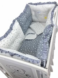 Lenjerie patut 120x60 cm cu 6 aparatori pufoase, cearsaf si paturica Mix stelute gri - 1