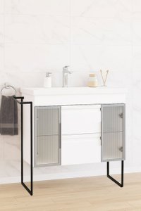 Set Baza Front MDF si Lavoar 758, 100 cm, Alb, cu Sertare si Cadru Metalic - 1