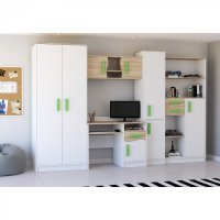 Set de dormitor pentru tineret MACIUS, 5 piese, PAL alb si sonoma, manere verzi, dimensiuni 300x52x197 cm - 1