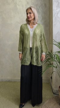 Cardigan lung din Kid Mohair cu tricot ajurat si cordon detasabil, verde olive - 1