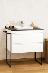 Set Baza Front MDF si Lavoar 633, 80 cm, Alb Rustic, cu Sertare si Cadru Metalic - 1