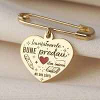 Brosa ac de siguranta Chic Bijoux cu pandantiv inima pentru educatoare sau invatatoare, email rosu, argint 925 placat cu aur galben 18K - 1