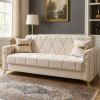 Canapea extensibila 3 locuri cu lada de depozitare 220x87x93 cm, bej cu detalii aurii – Camara - 1