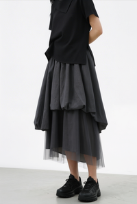 Fusta midi voluminoasa cu straturi din tulle, gri, design asimetric - 1