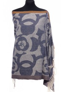 Esarfa din casmir cu design floral pe fond bleumarin - 1