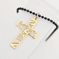 Lant barbatesc - Pandantiv cruce decupata si Chipul lui Isus - Argint 925 placat cu Aur Galben 18K si lant negru Army - 1