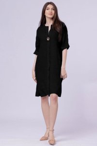 Rochie tunica neagra din in 100%, cu nasture metalic decorativ - 1