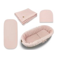 Set pentru landou/cosulet, Qmini, Cu protectie, pilota, saltea, pernuta, Din muselina dubla, Material certificat Oeko Tex Standard 100, Powder Pink - 1