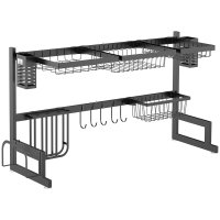 HOMCOM Organizator de Scurgere cu 2 Nivele - Suport pentru Cuțite și Placă de Tăiat, 93 x 30 x 52,5 cm, Oțel Negru - 1