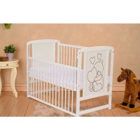 Patut bebe Qmini Timmi Heart, lemn de pin si MDF, 120x60 cm, alb, laterala culisanta si saltea reglabila pe 3 niveluri - 1