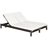 Outsunny Sezlong pentru 2 persoane din otel si ratan maro si alb, cu spatar reglabil, 195x120x28 cm - 1