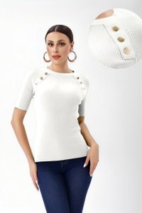 Pulover alb cu maneca scurta si nasturi metalici decorativi - 1
