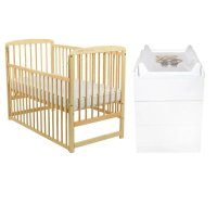 Set mobilier BabyNeeds Ola pentru copii, patut pin 120x60 cm cu laterala culisanta si somiera reglabila, saltea cocos-burete-cocos 12 cm si comoda cu masuta de infasat, alb/natur - 1