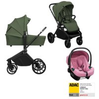 Carucior Lionelo Mika Plus 3 in 1 cu scoica auto Roz, Reversibil si Ventilat, Pana la 22 kg, Verde - 1