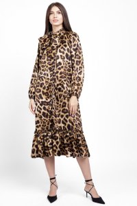 Rochie Satinata Eleganta cu Imprimeu Animal Print si Nasturi Perlati - 1