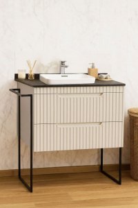Set Baza front MDF si Lavoar seria 633, cu sertare, cadru metalic, montat, 80 cm, crem - 1